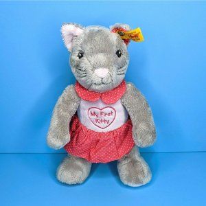 Steiff My First Kitty Cat Katze Gray 10" Plush Pink Dress Ear Button Tag 241031
